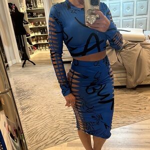 Blue and black Graphic Cut-Out Skirt Set